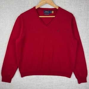 Polo Ralph Lauren V-Neck Sweater Men's XL Washable Merino Wool Red Pony